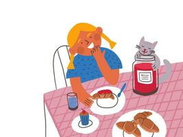 Mädchen und Katze. Bild Buch Illustration von wenig Mädchen Essen Croissants mit das Katze. Pariser Frühstück. vektor