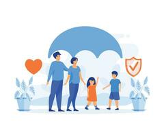 Gesundheit und Leben Versicherung Konzept, Familie Stehen unter Versicherung Regenschirm zusammen. eben Vektor modern Illustration