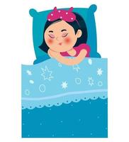 flicka som sover i sängen efter en pyjamasfest. en tjej med ett orientaliskt utseende. vektor illustration.