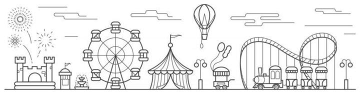 panorama över en nöjespark med pariserhjul, cirkus, åkattraktioner, ballong, hoppslott. landskap av urban park. disposition vektorillustration vektor