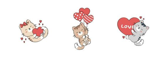 süß Katze mit ein Liebe Ballon. Vektor Illustration von ein komisch Kätzchen im das Gekritzel Stil