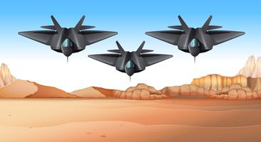 Tre stridsflygplan som flyger över öknen vektor