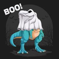 Hand gezeichnet komisch Halloween Blau t rex Dinosaurier verkleidet wie Geist, Boo t rex Geist vektor
