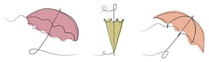 ett linje teckning, vår eller höst paraply med Färg platt fläckar. vektor illustration isolerat på vit. kontinuerlig linje konst, skydd tillbehör. design element för affisch, kort, baner.