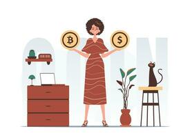 kryptovaluta begrepp. en kvinna innehar en bitcoin och en dollar i henne händer. karaktär med en modern stil. vektor