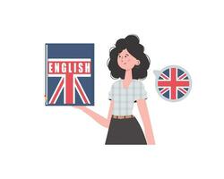 ein Frau hält ein Englisch Wörterbuch im ihr Hände. das Konzept von Lernen Englisch. isoliert. modisch eben Stil. Vektor Illustration.