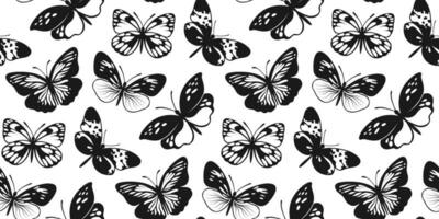 fjäril sömlös mönster. dekorativ flyga insekt bakgrund. svart och vit botanisk textur vektor
