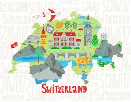 stiliserade Karta av schweiz. illustration av swiss landmärken, natur och symboler. vektor platt illustration