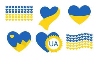 uppsättning av tecken i de Färg av de flagga av Ukraina, hjärtan, solros. ikoner av ukrainska symboler. vektor platt illustration av klistermärken