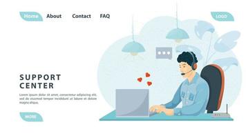 Kundenservice-Callcenter mit Leuten, die ein Mann Kopfhörer und einen Laptop verwendet, um das Design von Webseiten und mobilen Anwendungen zu unterstützen, flaches Design vektor