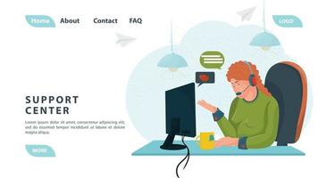 Kundenservice-Callcenter mit Leuten, eine Frau in grüner Kleidung verwendet Kopfhörer und einen Monitor, um das Design von Webseiten und mobilen Anwendungen zu unterstützen, flaches Design vektor