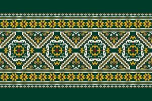 Blumen- Kreuz Stich Stickerei auf Grün hintergrund.geometrisch ethnisch orientalisch Muster traditionell.aztekisch Stil abstrakt Vektor illustration.design zum Textur, Stoff, Kleidung, Verpackung, Dekoration, Sarong.