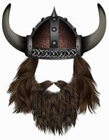 viking i hornad hjälm. mask peruk. manhår med skägg. vektor