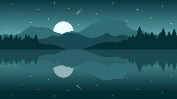 Vektor Illustration von Berg See im das Nacht. Berg Betrachtung im das See. Berg Landschaft zum Hintergrund, Hintergrund, oder Landung Buchseite. Landschaft Natur Illustration mit Gradient Stil