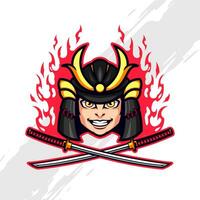 flammend wenig Samurai Kopf mit doppelt Katana Maskottchen Logo vektor