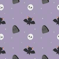 Vektor nahtlos Halloween Muster mit Schädel, Schläger, Grabstein isoliert auf lila Hintergrund. perfekt zum zum Stoff, Verpackung, Textil, Hintergrund, Kleidung, Gruß Karten. Halloween Hintergrund