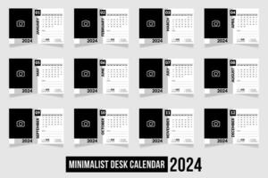 minimalistisk trendig skrivbord kalender design 2024. uppsättning av 12 sidor tabell kalender. svart och vit vektor kalender design för skriva ut mall.