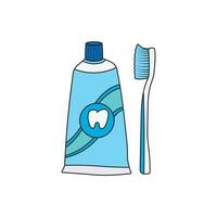 Karikatur Vektor Illustration Zahnpasta und Zahnbürste Symbol im Gekritzel Stil