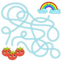 Farbe abstraktes Labyrinth. Helfen Sie den Tomaten, den Regenbogen zu erreichen. Arbeitsblätter für Kinder. Aktivitätsseite. Spielpuzzle für Kinder. Cartoon-Stil. Labyrinth Rätsel. Vektor-Illustration. vektor