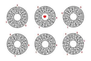 eine Reihe von runden Labyrinthen. Spiel für Kinder. Puzzle für Kinder. Labyrinth Rätsel. flache Vektorillustration lokalisiert auf weißem Hintergrund. vektor