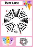 abstraktes rundes Labyrinth. Arbeitsblätter für Kinder. Spielpuzzle für Kinder. süßes Cartoon-Eis. ein Eingang, ein Ausgang. Labyrinth Rätsel. Vektor-Illustration. mit Antwort. vektor