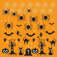 Halloween Muster Hintergrund Design mit Kürbis, Geist, Schädel, Spinne Netz, Fledermäuse. Vektor Halloween Muster.