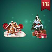 Set von Weihnachts-3D-Icons, Weihnachtslebkuchenhaus und Weihnachtsbaum in einem Topf mit Geschenken vektor