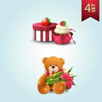 Satz von Symbolen für Muttertag, Geschenk, Erdbeere, Cupcake und Teddybär mit einem Strauß Tulpen vektor