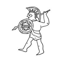 ett gammal grekisk krigare med en skydda, en spjut och en hjälm med en vapen. klotter. vektor illustration. hand ritade. översikt.