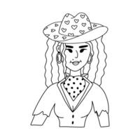 Hand gezeichnet stilvoll jung Cowgirl tragen Leopard drucken Hut, Bandana, Shirt. süß Gekritzel Porträt von Kuh Mädchen von wild Westen Thema. Vektor Western weiblich Charakter zum drucken Design, Poster, Cowboy Party