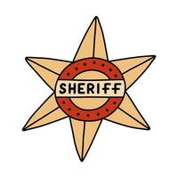 Sheriff Abzeichen Gekritzel im das Star gestalten mit Hand gezeichnet Umriss. süß Emblem von Western Polizei, Zeichen von Gesetz, Sicherheit, Gerechtigkeit. wild Westen und Cowboy Symbol mit golden Elemente isoliert auf Hintergrund vektor