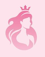 elegant Luxus Barbie Rosa Logo mit schön Gesicht von jung Erwachsene Frau mit lange Haar. Prinzessin, Königin, Krone. sexy Symbol Silhouette von Kopf und Text Beschriftung vektor