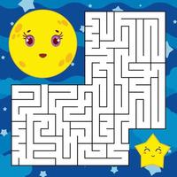 abstraktes quadratisches Labyrinth mit einer niedlichen Farbzeichentrickfigur. der Mond und der Stern. ein interessantes und nützliches Spiel für Kinder. einfache flache Vektorillustration lokalisiert auf weißem Hintergrund. vektor