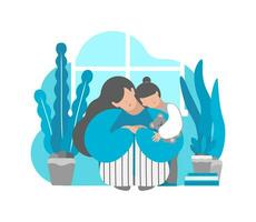 vektor illustration med trött ledsen ensam mor. dotter kramar henne. postpartum depression, emotionell påfrestning och ångest i isolering på Hem. svårigheter av moderskap till ha kvar mental hälsa