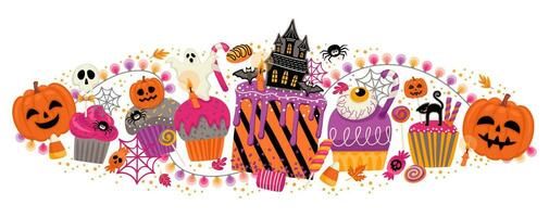 Halloween Illustration. dekoriert Cupcakes, Muffins, Gebäck Süßigkeiten Süßigkeiten Vektor Vorlage zum Banner, Karte, Poster, Netz und andere verwenden
