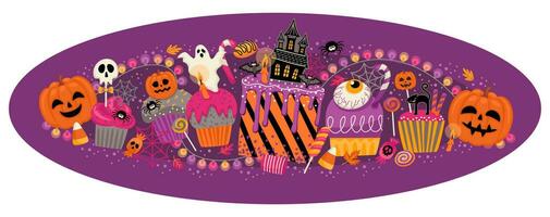 halloween illustration. dekorerad cupcakes, muffins, bakverk sötsaker godis vektor mall för baner, kort, affisch, webb och Övrig använda sig av