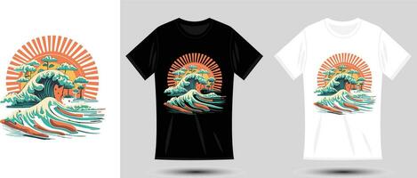 Vektor T-Shirt Design von bunt und beschwingt Wellen und Wolken Vor steigend Sonne