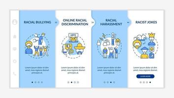 Rassismus in der Gesellschaft Onboarding-Vektorvorlage. Responsive mobile Website mit Symbolen. Webseiten-Walkthrough-Bildschirme in 4 Schritten. Online-Farbkonzept zur Rassendiskriminierung mit linearen Illustrationen vektor