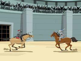 medeltida riddare tornera slåss vektor illustration. tecknad serie platt ryttare hjälte riddare tecken jousting med svärd och sköldar på kunglig slagfält turnering.