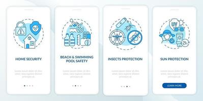 Sommerzeit-Sicherheits-Onboarding-Seitenbildschirm der mobilen App. Home Security Walkthrough 4 Schritte grafische Anweisungen mit Konzepten. ui, ux, gui-Vektorvorlage mit linearen Farbillustrationen vektor