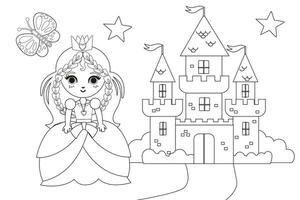 süß Prinzessin Fee mit Schloss und Fee Land Vektor Karikatur isoliert Märchen Illustration Färbung Buch Seite zum Kinder