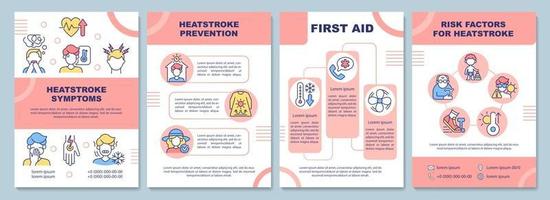 Hitzschlag-Symptome-Broschürenvorlage. Erste Hilfe. Risikofaktoren. Flyer, Broschüre, Broschürendruck, Cover-Design mit linearen Symbolen. Vektorlayouts für Präsentationen, Geschäftsberichte, Anzeigenseiten vektor