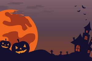 Halloween Feier Hintergrund mit Symbole von Mond, Kürbis, Schloss und Kopieren Raum Bereich. Vektor zum Banner, Poster, Gruß Karte, Sozial Medien.