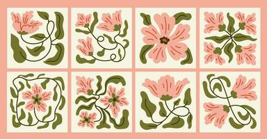 vågig blommor posters och kort uppsättning vektor