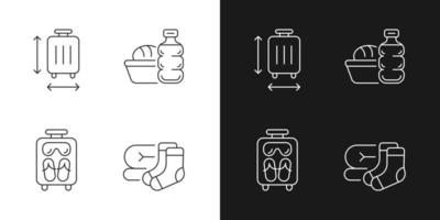 Flugzeugreise Essential Pack lineare Symbole für den dunklen und hellen Modus Koffergröße. Essen während des Fluges. anpassbare dünne Liniensymbole. isolierte Vektor-Umriss-Illustrationen. bearbeitbarer Strich vektor