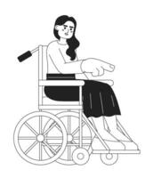 rullstol ung kvinna pekande med finger svart och vit 2d tecknad serie karaktär. indisk ung vuxen kvinna med handikapp isolerat vektor översikt person. enfärgad platt fläck illustration
