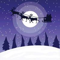silhuett illustration av santa claus körning hans släde på natt ovan träd. jul illustration. vektor