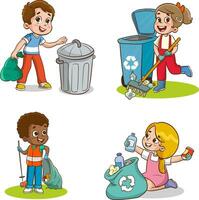 Kinder Reinigung das Umgebung von Müll vektor