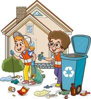 barn rena upp trädgård eller parkera från sopor, volontärer samlar plast flaskor och burkar vektor