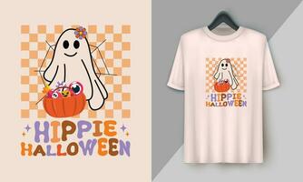 hippie halloween - retro halloween söt t-shirt design med häftig stil, bua, spöke, pumpa, häxa, etc vektor